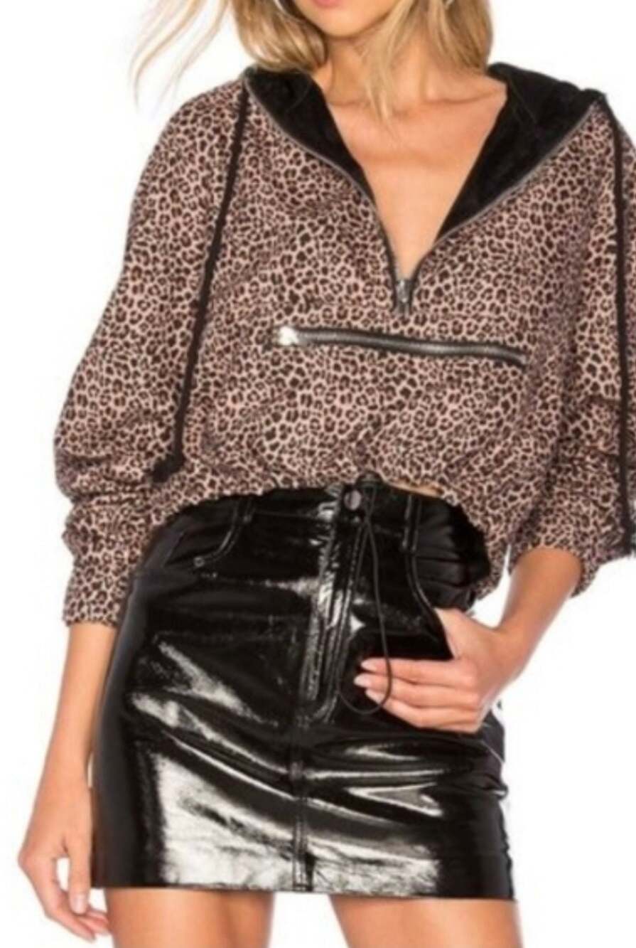 Danielle Guizio Leopard Print Cropped Half Zip Anorak Windbreaker Hoodie S/M
